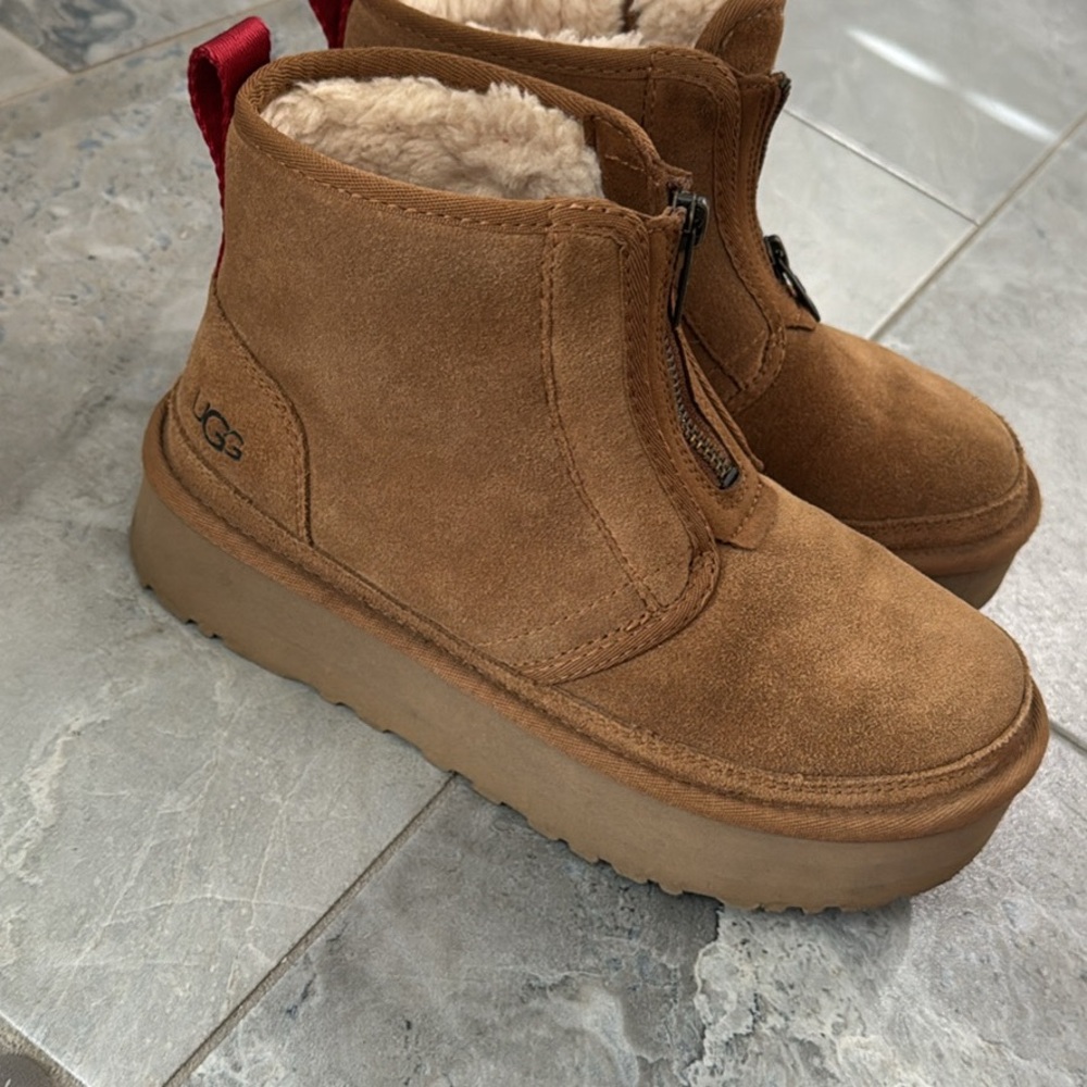 UGG Tan Suede Boots with Red Pull Tabs